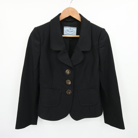 Prada Blazer Black Button Front Cropped Single Breasted Tailored Fitted Gold 42 - Picture 1 of 16